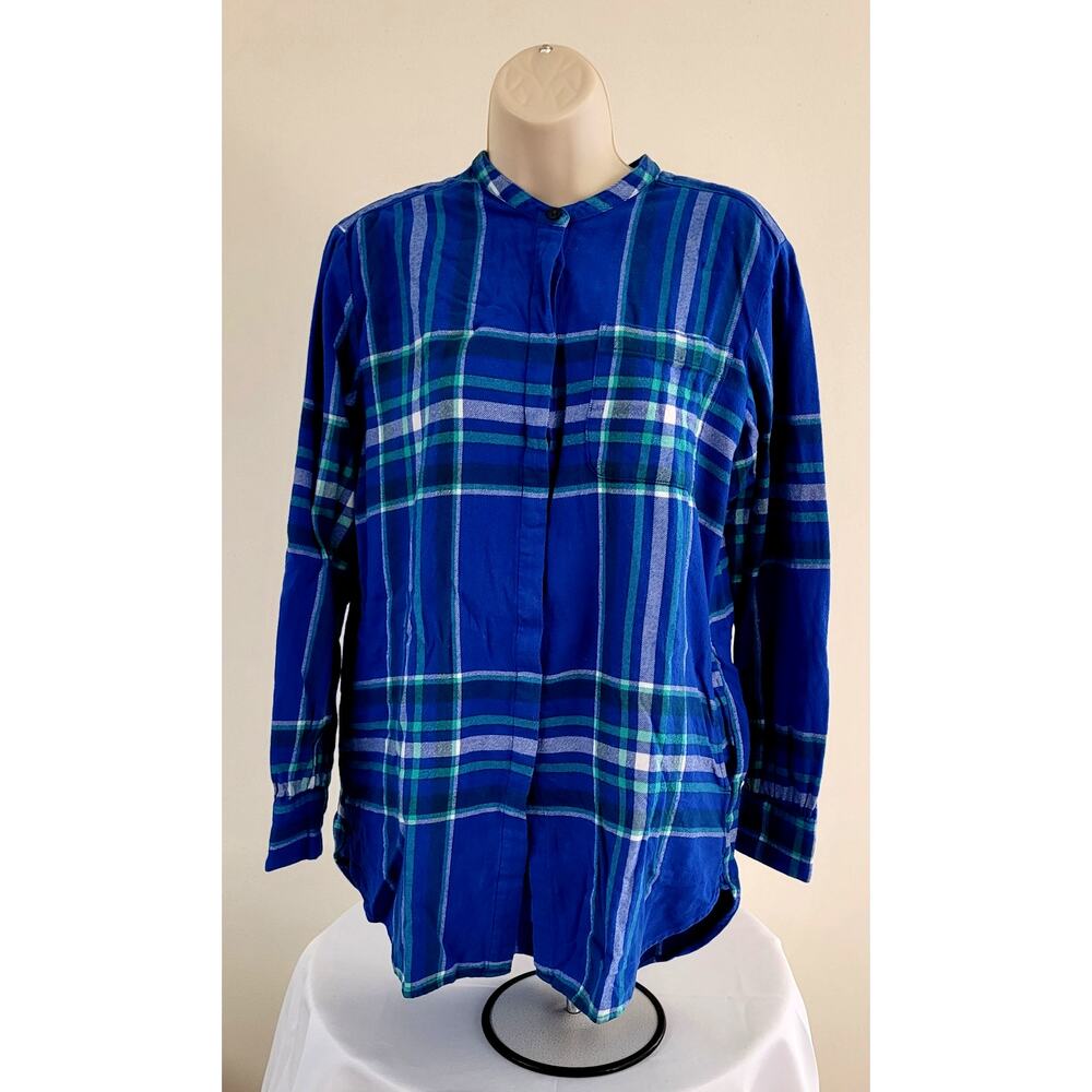 LANDS END Women's Classic Blue Plaid Flannel Button-Up Nightshirt w/pockets-Sz M